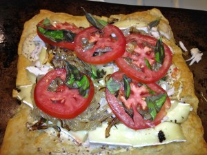 Caramelized Onion, Brie, Chicken and Tomato Tart